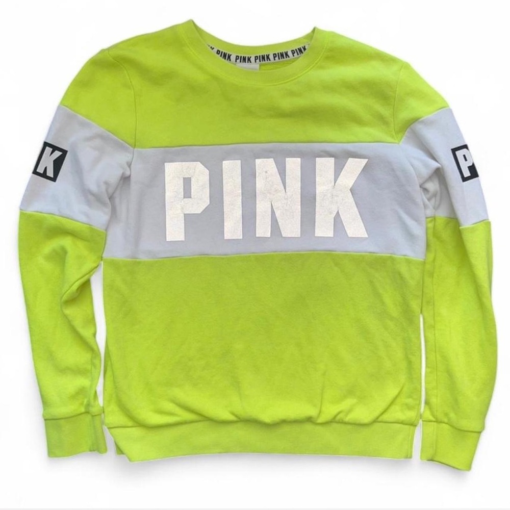 PINK Victoria's Secret Neon Yellow Crewneck Sweater reflective size XS Y2K - Picture 7 of 7